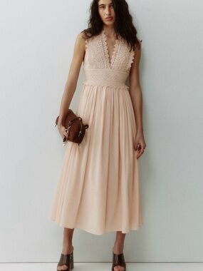 H&M Lace Bodice Dress Light Beige Size XS NWT